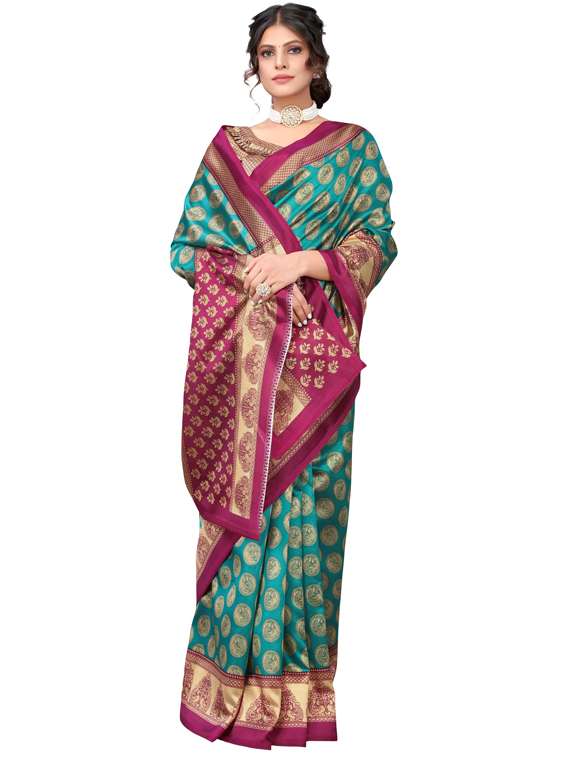 women's ethnic motifs turquoise colored saree with blouse