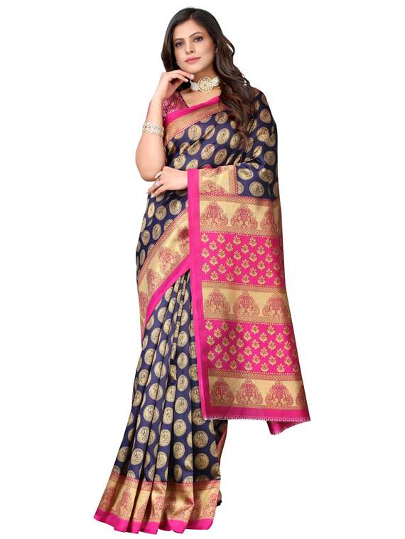 women's self design navy blue colored saree with blouse