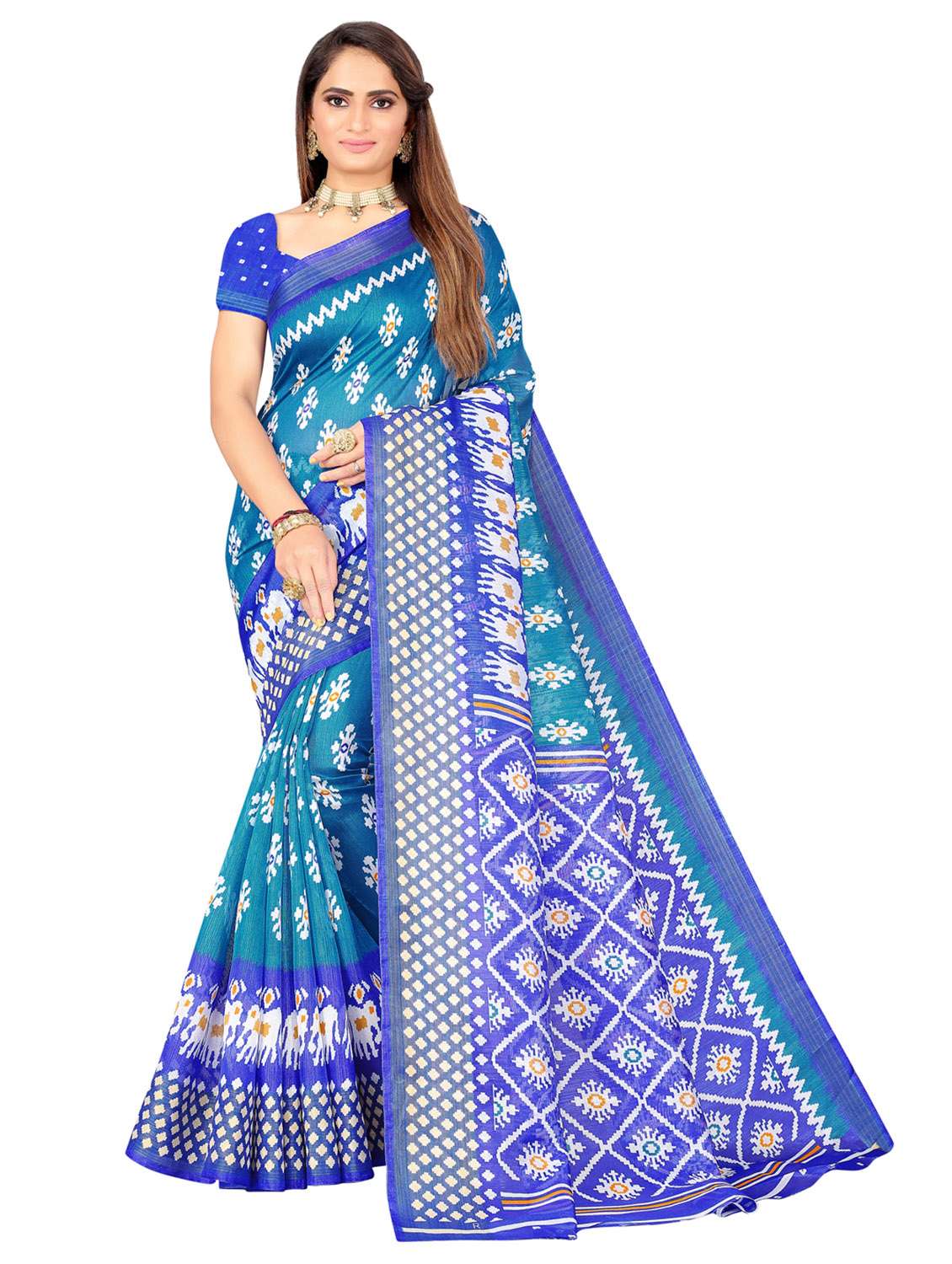 contrast bordered printed saree with blouse - 19176956 - Zoom Image - 0