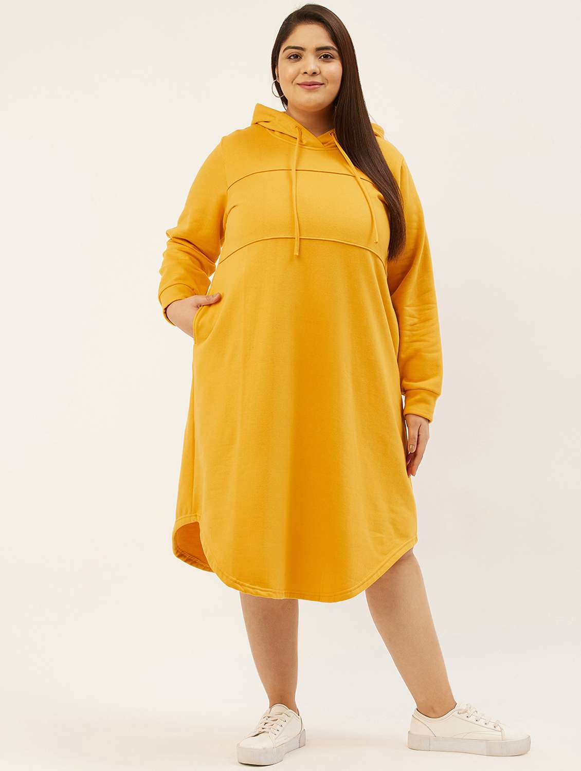 yellow solid a-line hooded dress