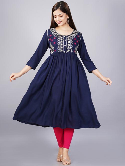 blue embroidered flared kurta - 19180809 - Standard Image - 0