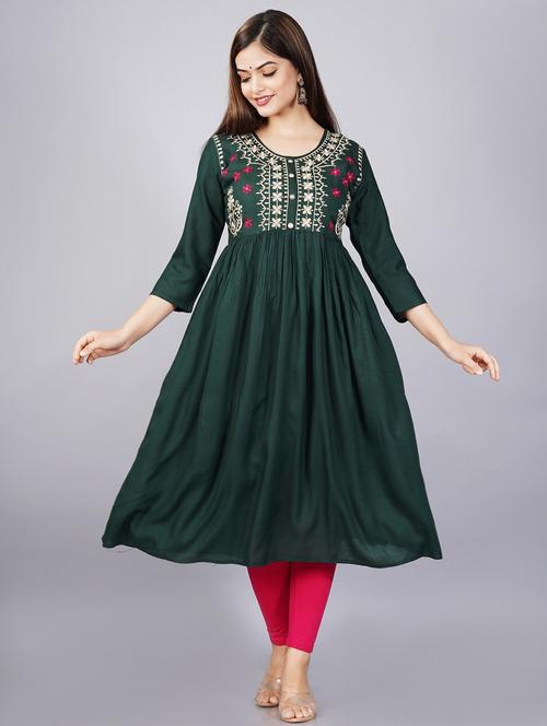 green embroidered flared kurta - 19180810 -  Standard Image - 0
