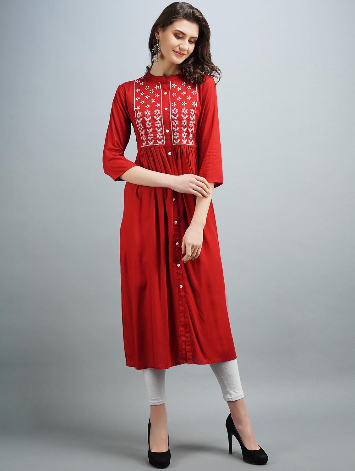 red embroidered a-line kurta - 19182992 -  Zoom Image - 0