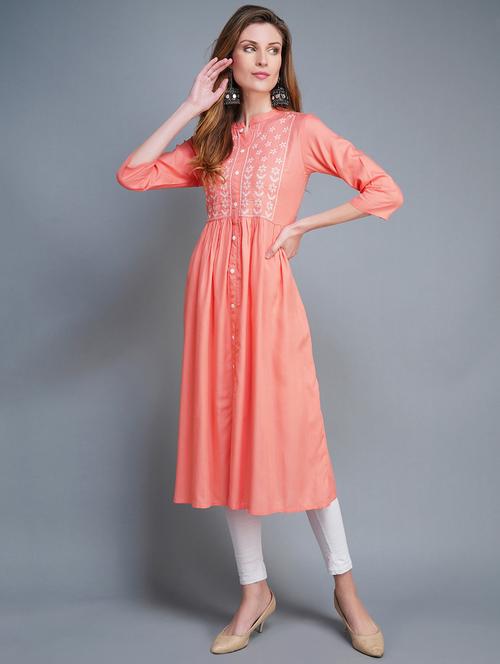 pink embroidered a-line kurta - 19182994 -  Standard Image - 0