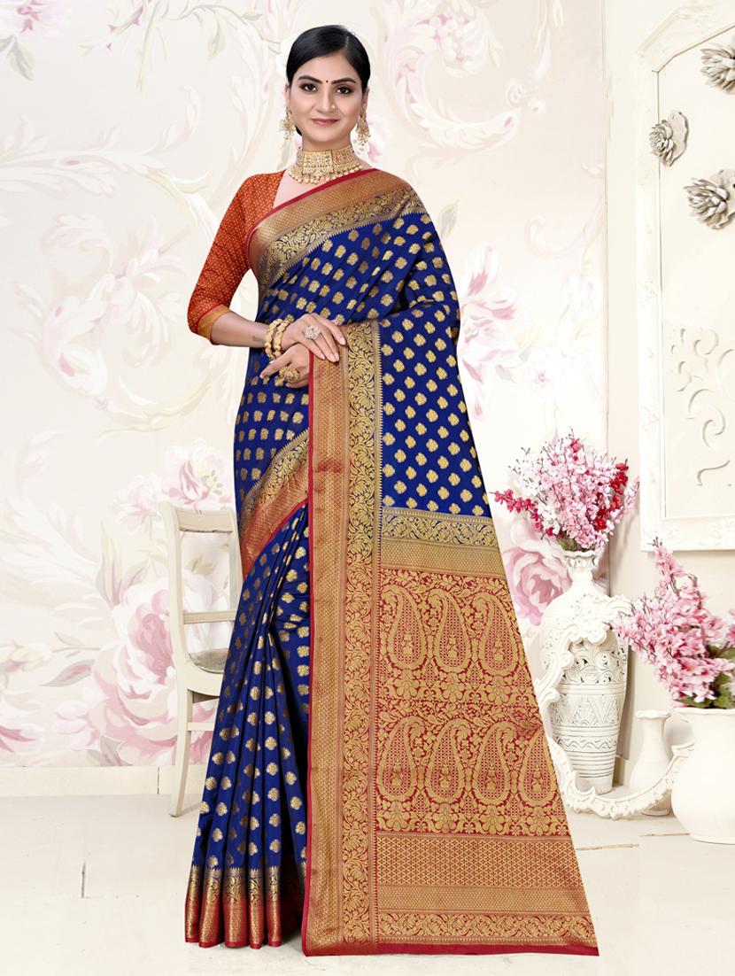 ethnic wear navy blue color saree set with blouse - 19184474 -  Zoom Image - 0