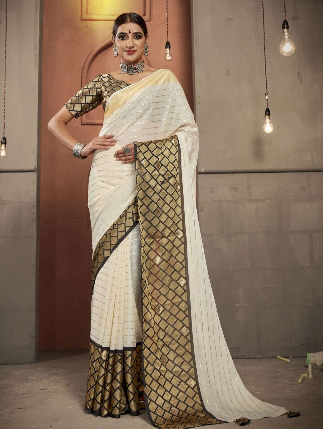 ethnic wear off white color saree set with blouse - 19184580 -  Zoom Image - 0