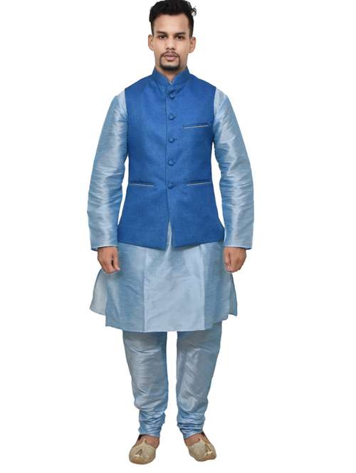 mandarin neck solid kurta pyjama with jacket - 19187848 - Standard Image - 0