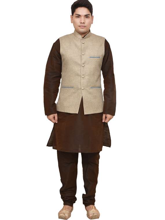 brown silk blend kurta pyjama with jacket ethnic wear set