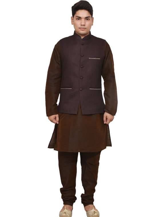 brown silk blend kurta pyjama with jacket ethnic wear set