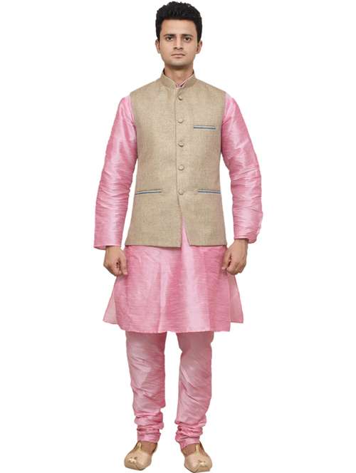 pink silk blend kurta pyjama with jacket ethnic wear set - 19187862 -  Standard Image - 0
