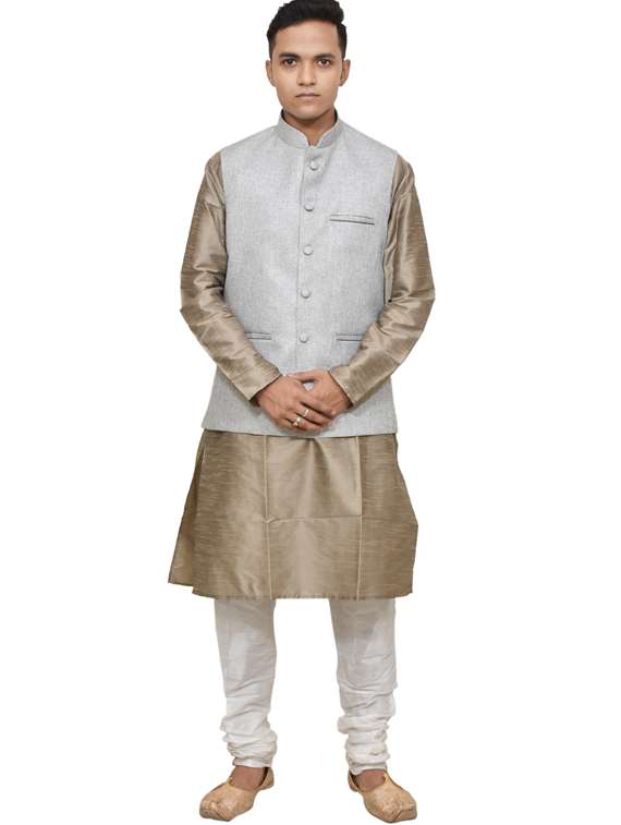 gold silk blend kurta pyjama with jacket ethnic wear set