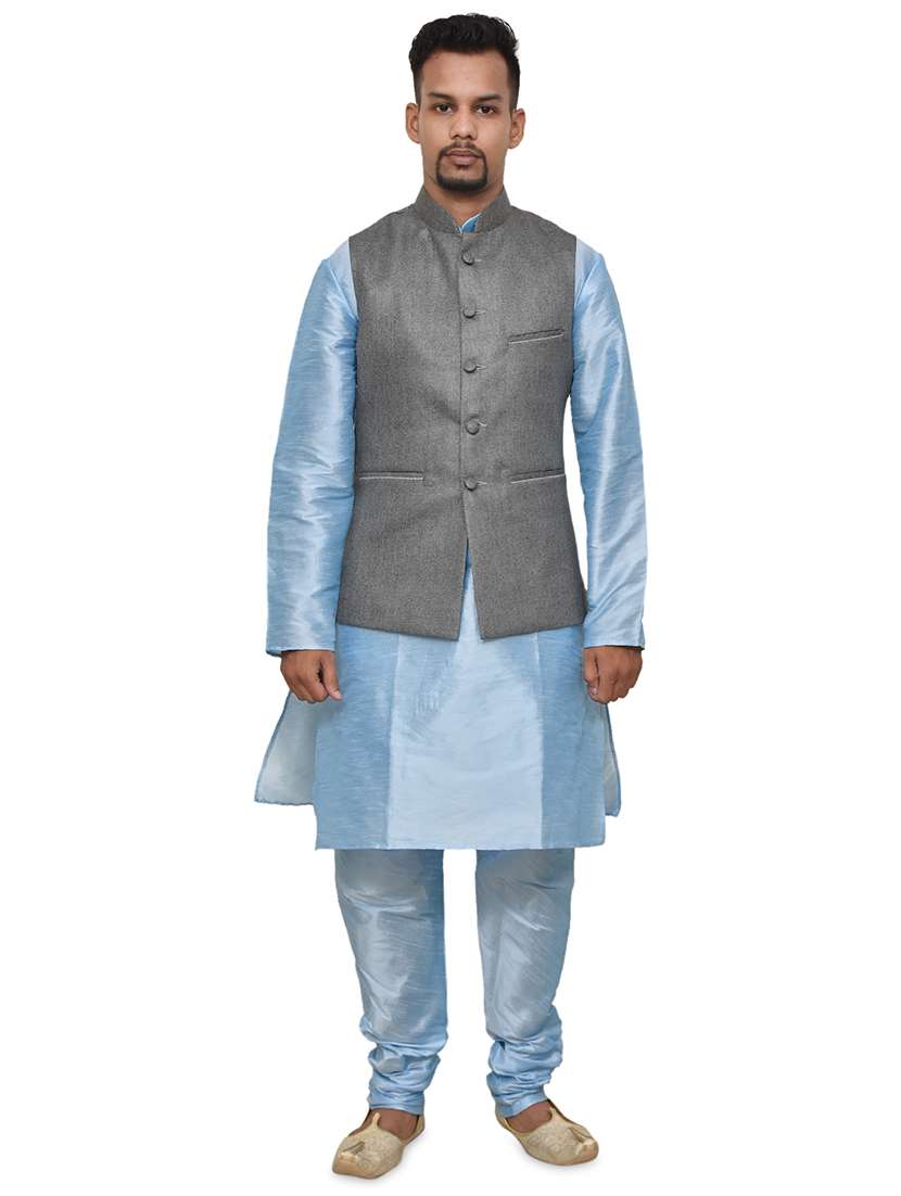 blue silk blend kurta pyjama with jacket ethnic wear set