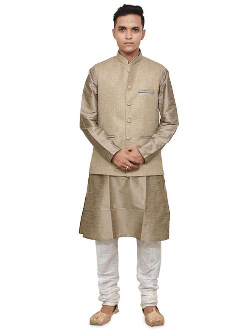 gold silk blend kurta pyjama with jacket ethnic wear set - 19187867 -  Standard Image - 0
