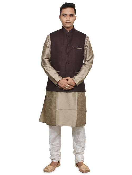 gold silk blend kurta pyjama with jacket ethnic wear set - 19187869 - Standard Image - 0