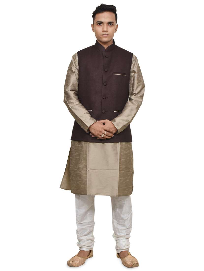 gold silk blend kurta pyjama with jacket ethnic wear set - 19187869 - Zoom Image - 0