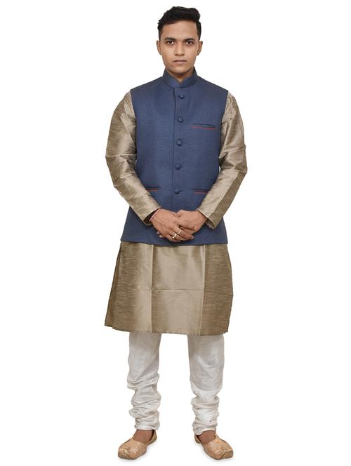 gold silk blend kurta pyjama with jacket ethnic wear set - 19187871 - Standard Image - 0