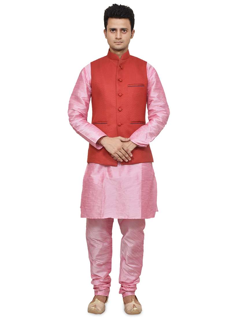 pink silk blend kurta pyjama with jacket ethnic wear set