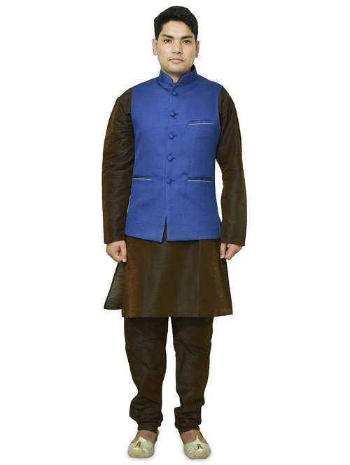 brown silk blend kurta pyjama with jacket ethnic wear set - 19187874 -  Standard Image - 0