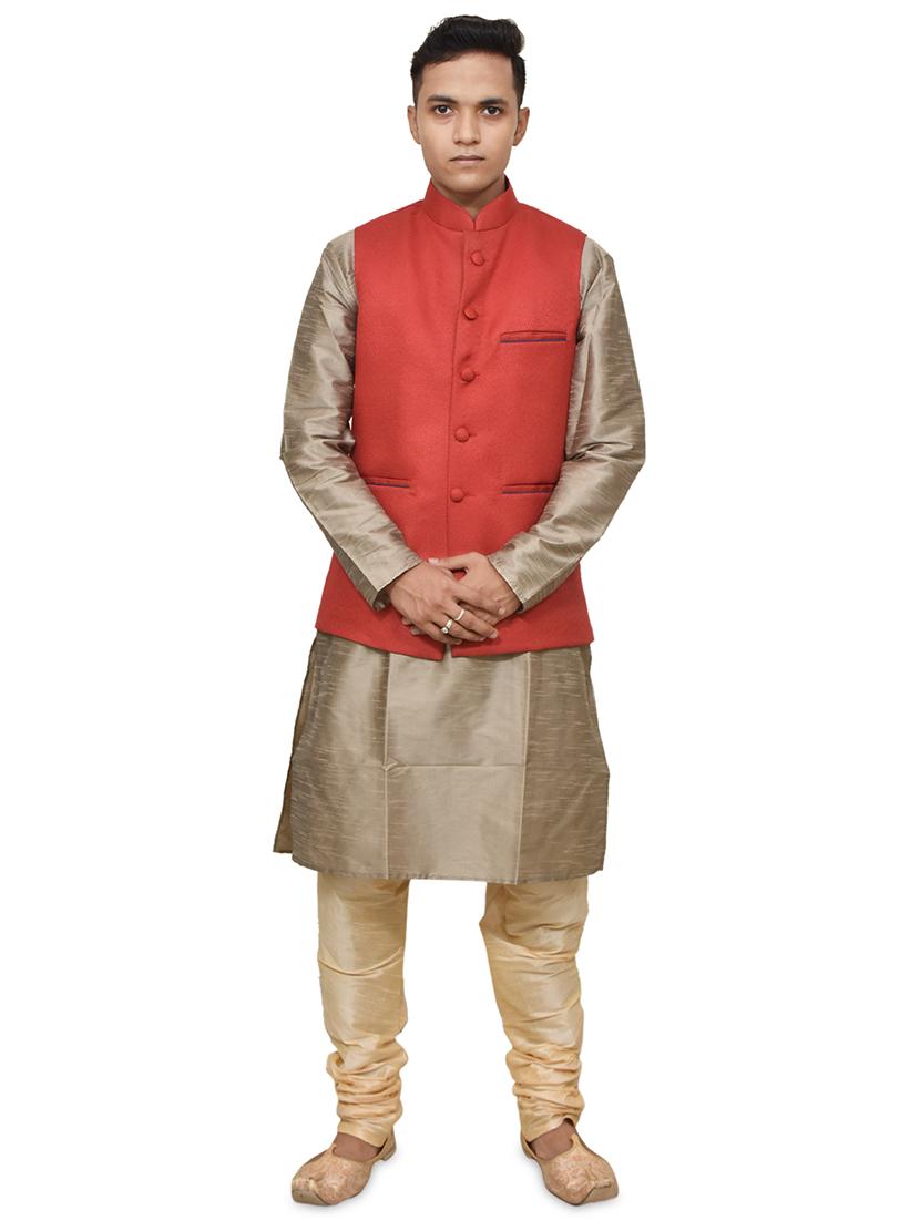 gold silk blend kurta pyjama with jacket ethnic wear set - 19187875 - Zoom Image - 0