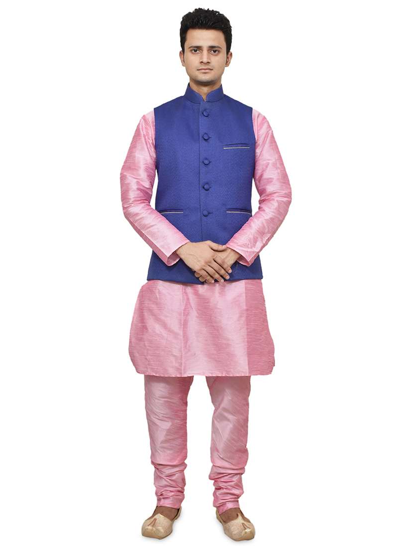 pink silk blend kurta pyjama with jacket ethnic wear set - 19187876 - Zoom Image - 0