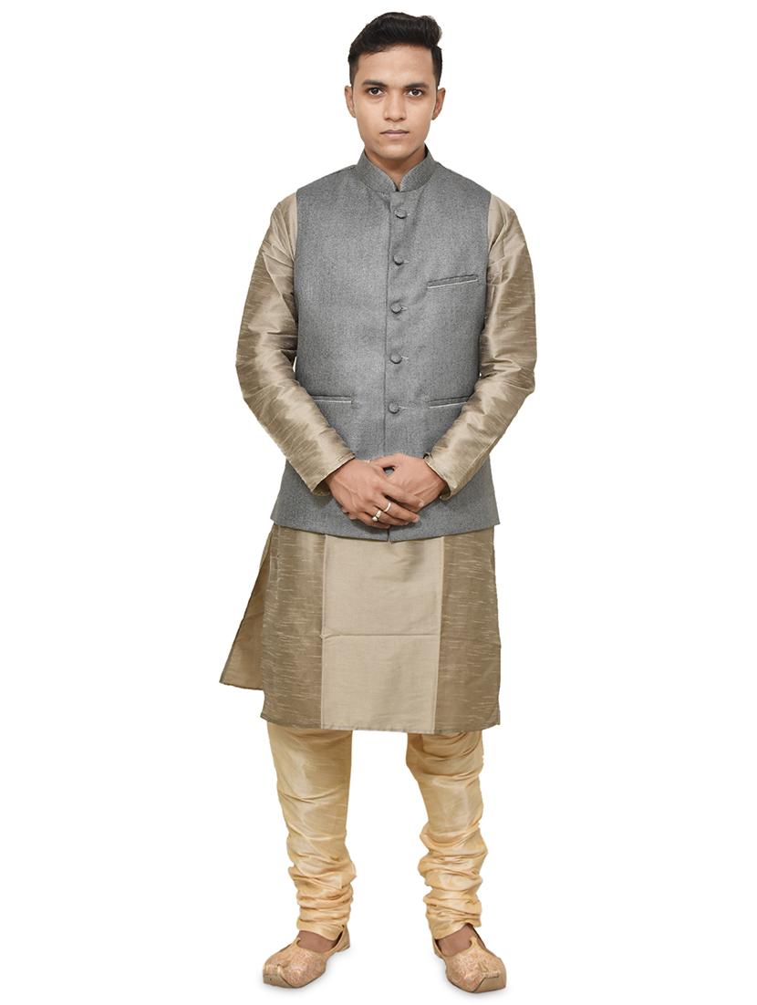 gold silk blend kurta pyjama with jacket ethnic wear set - 19187877 -  Zoom Image - 0