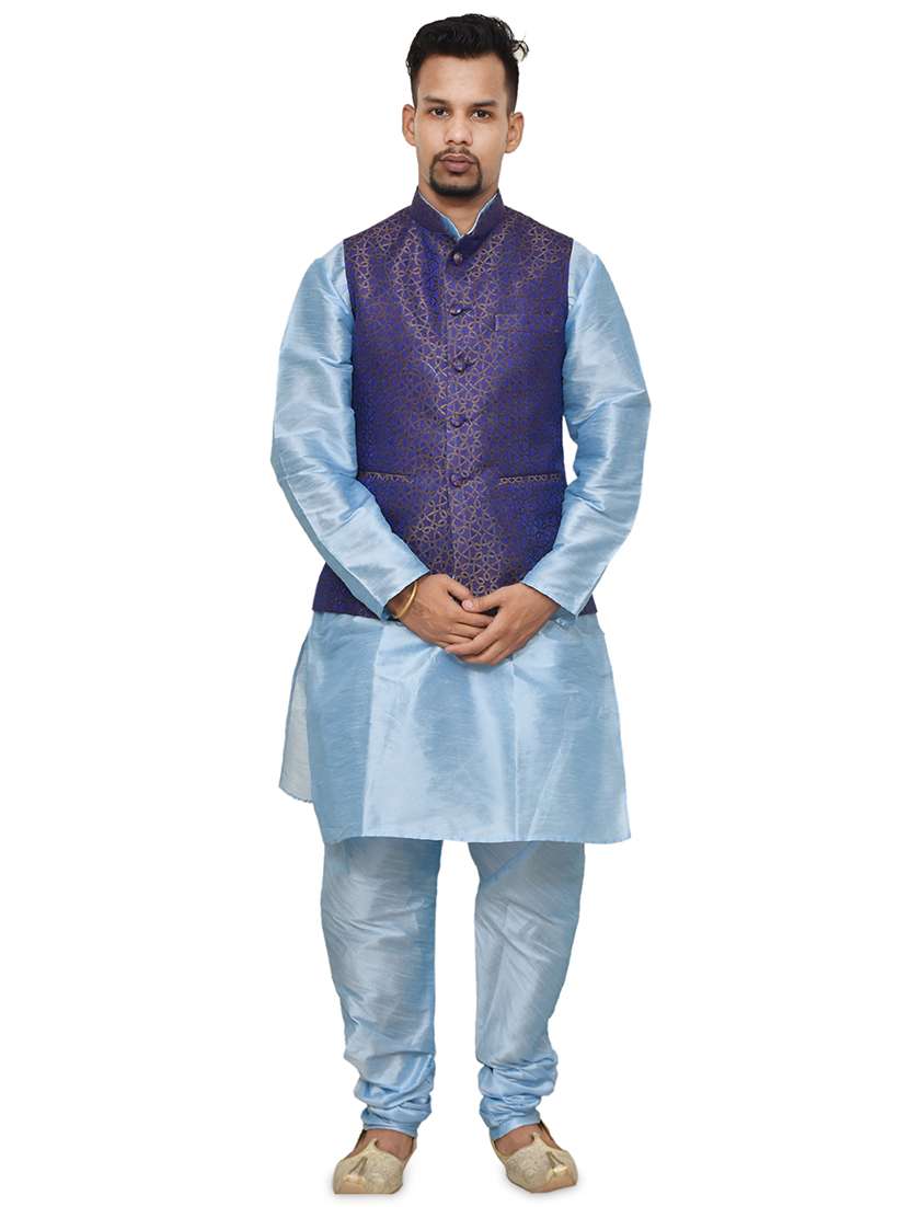 blue silk blend kurta pyjama with jacket ethnic wear set