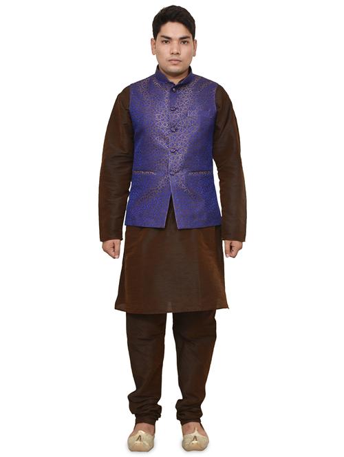 brown silk blend kurta pyjama with jacket ethnic wear set - 19187881 - Standard Image - 0