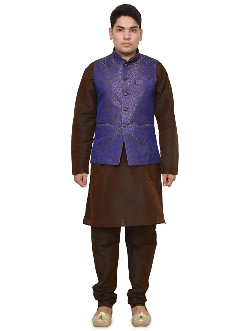 brown silk blend kurta pyjama with jacket ethnic wear set - 19187881 - Zoom Image - 0
