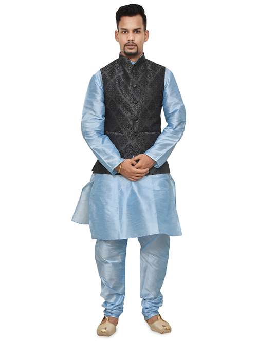 blue silk blend kurta pyjama with jacket ethnic wear set - 19187882 -  Standard Image - 0