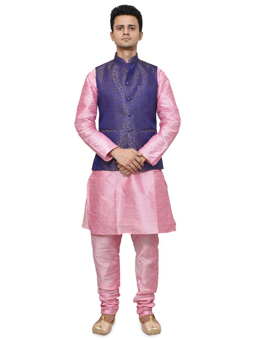pink silk blend kurta pyjama with jacket ethnic wear set