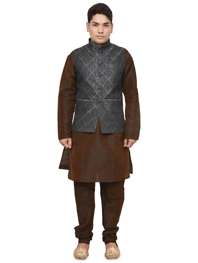 brown silk blend kurta pyjama with jacket ethnic wear set