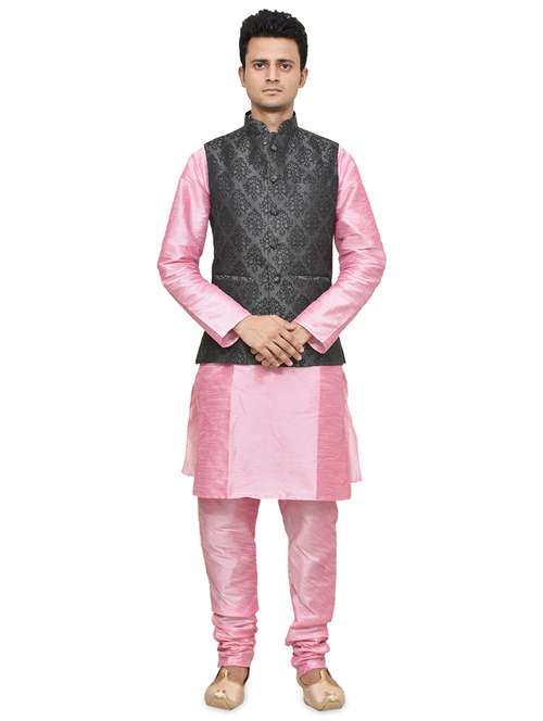 pink silk blend kurta pyjama with jacket ethnic wear set - 19187887 -  Standard Image - 0