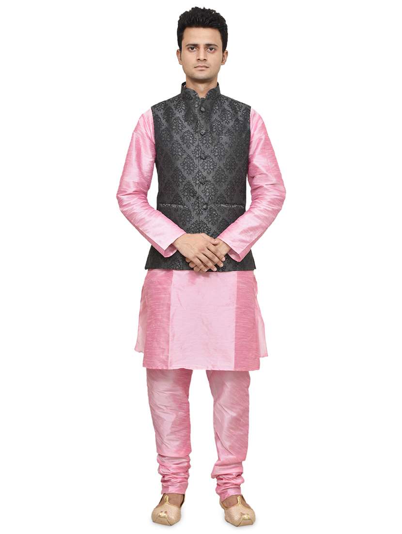 pink silk blend kurta pyjama with jacket ethnic wear set