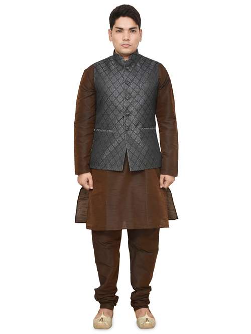 brown silk blend kurta pyjama with jacket ethnic wear set - 19187888 -  Standard Image - 0