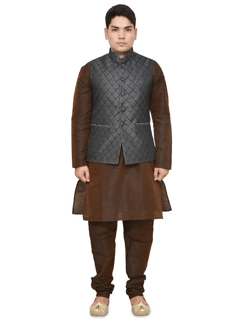 brown silk blend kurta pyjama with jacket ethnic wear set