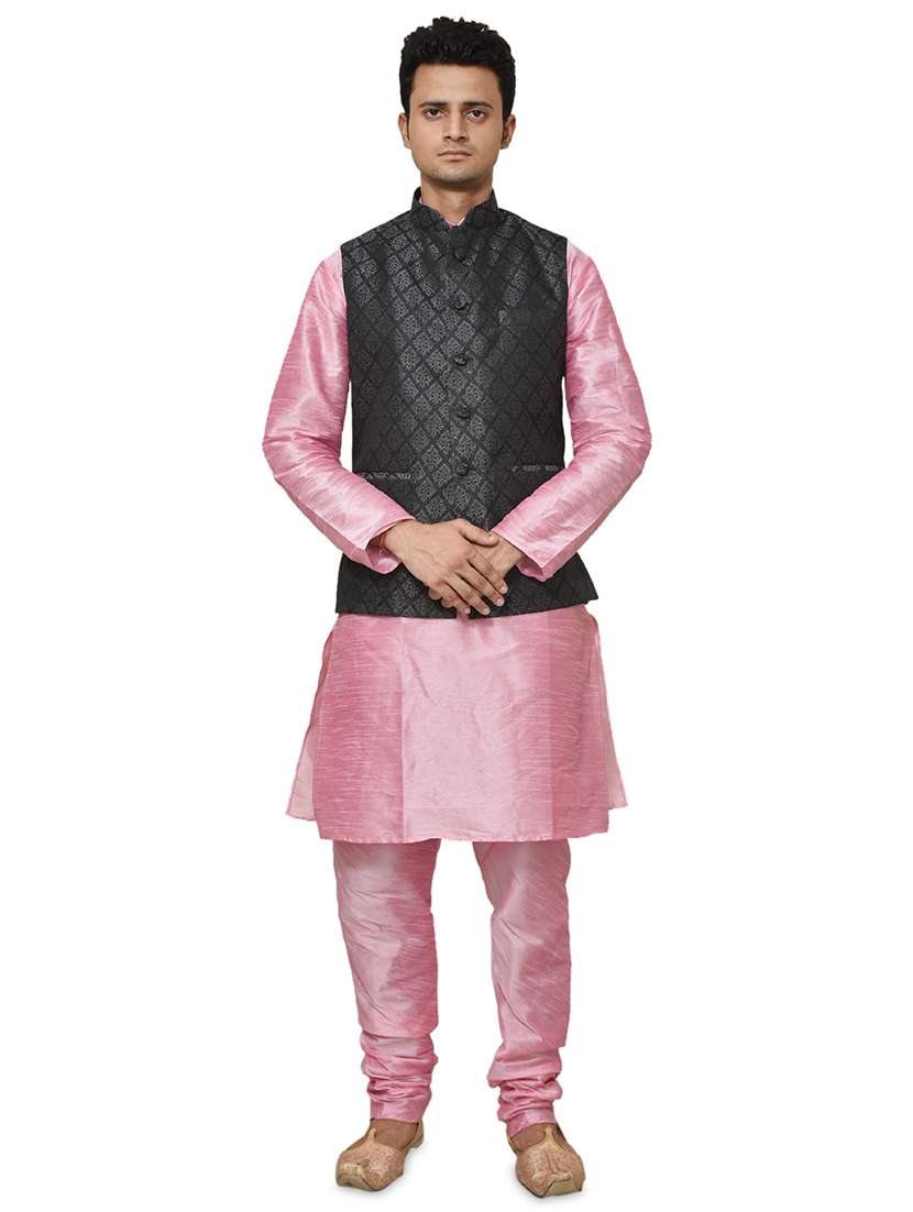 pink silk blend kurta pyjama with jacket ethnic wear set