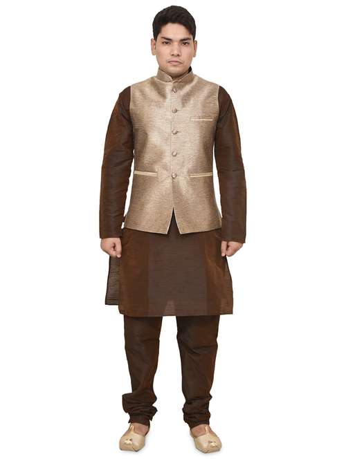 brown silk blend kurta pyjama with jacket ethnic wear set - 19187892 -  Standard Image - 0