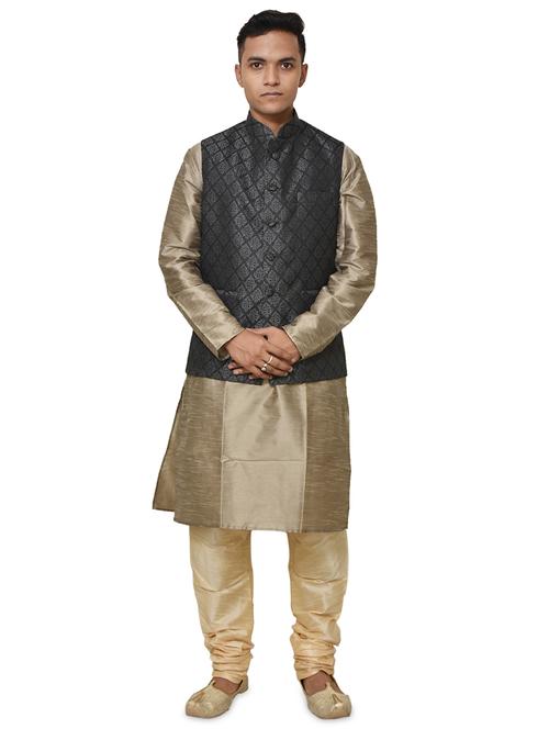 gold silk blend kurta pyjama with jacket ethnic wear set - 19187894 - Standard Image - 0