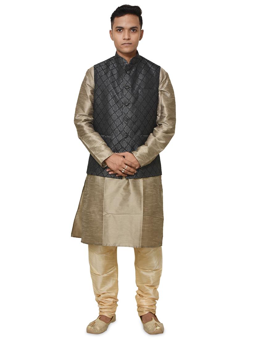 gold silk blend kurta pyjama with jacket ethnic wear set - 19187894 - Zoom Image - 0