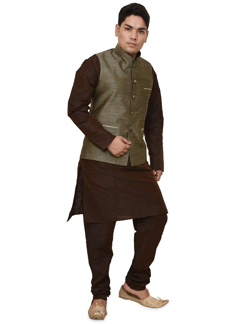 brown silk blend kurta pyjama with jacket ethnic wear set