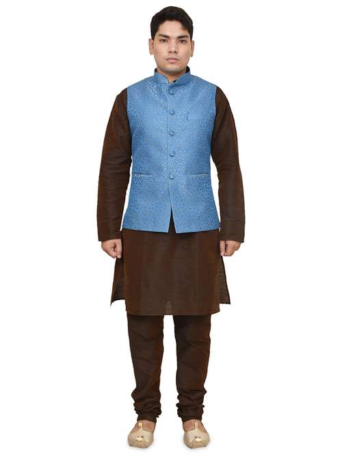 brown silk blend kurta pyjama with jacket ethnic wear set - 19187900 -  Standard Image - 0