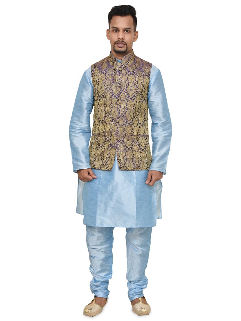 blue silk blend kurta pyjama with jacket ethnic wear set - 19187902 - Zoom Image - 0