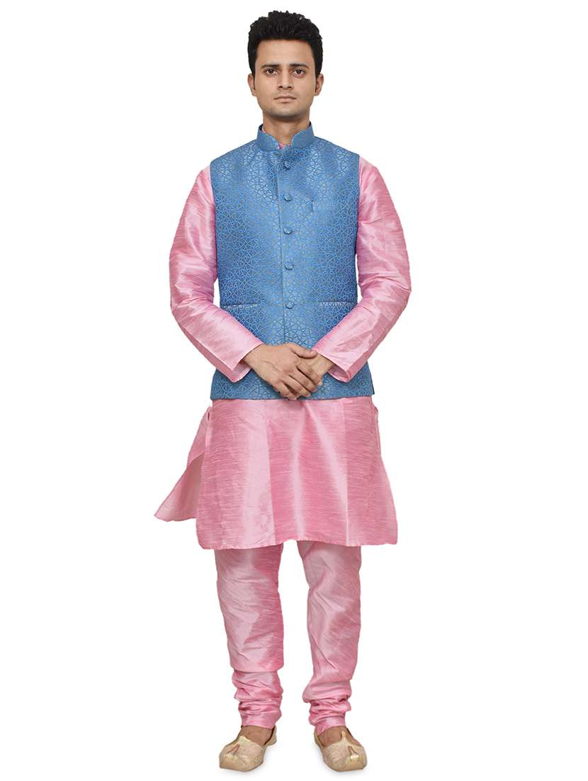 pink silk blend kurta pyjama with jacket ethnic wear set