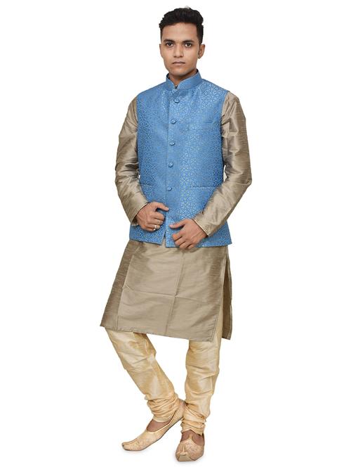 gold silk blend kurta pyjama with jacket ethnic wear set - 19187906 -  Standard Image - 0