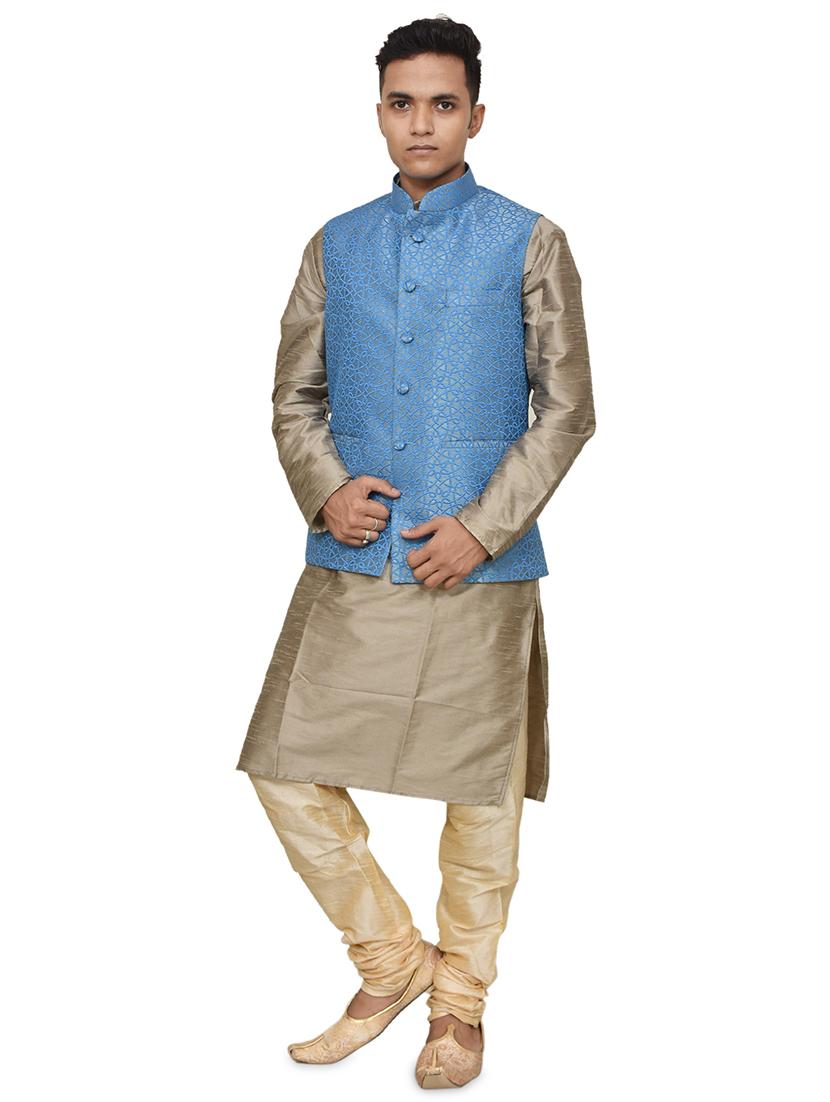 gold silk blend kurta pyjama with jacket ethnic wear set - 19187906 -  Zoom Image - 0