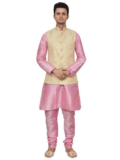 pink silk blend kurta pyjama with jacket ethnic wear set - 19187910 -  Standard Image - 0