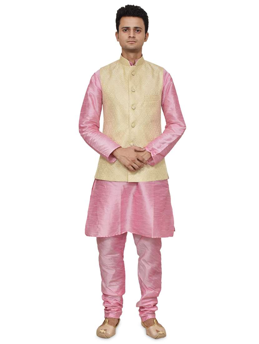 pink silk blend kurta pyjama with jacket ethnic wear set