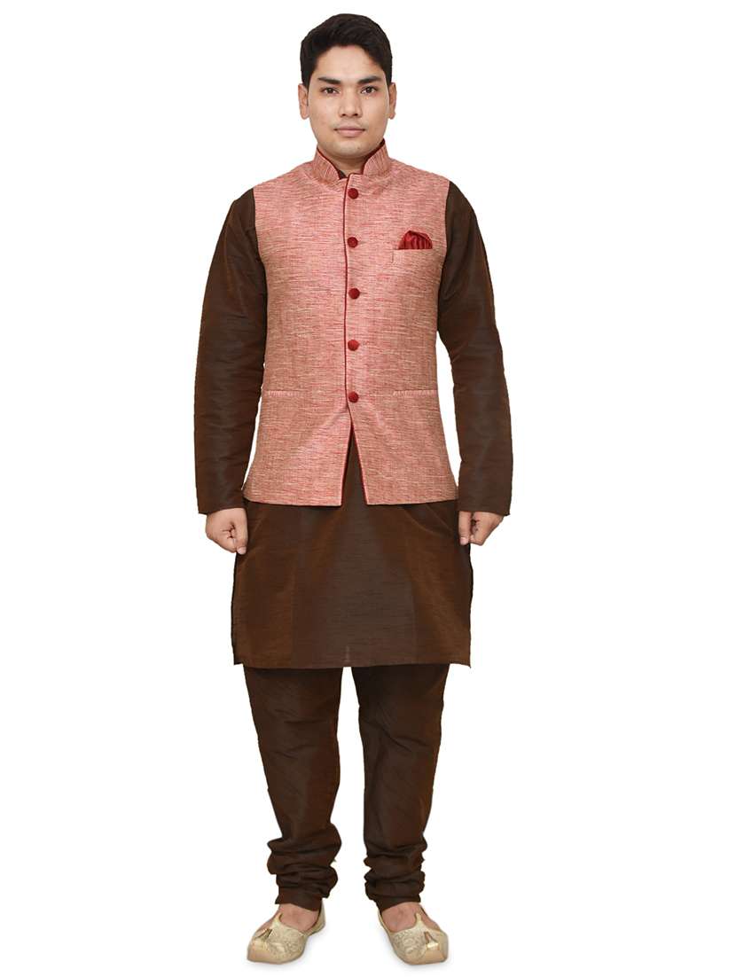 brown silk blend kurta pyjama with jacket ethnic wear set