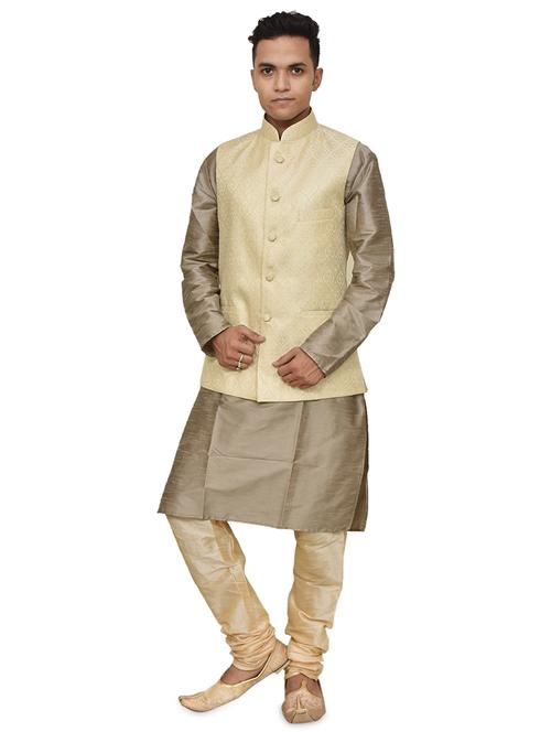 gold silk blend kurta pyjama with jacket ethnic wear set - 19187913 -  Standard Image - 0