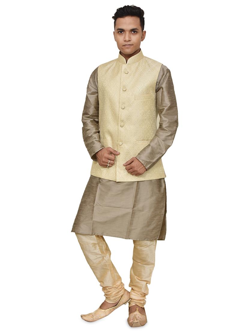 gold silk blend kurta pyjama with jacket ethnic wear set - 19187913 -  Zoom Image - 0